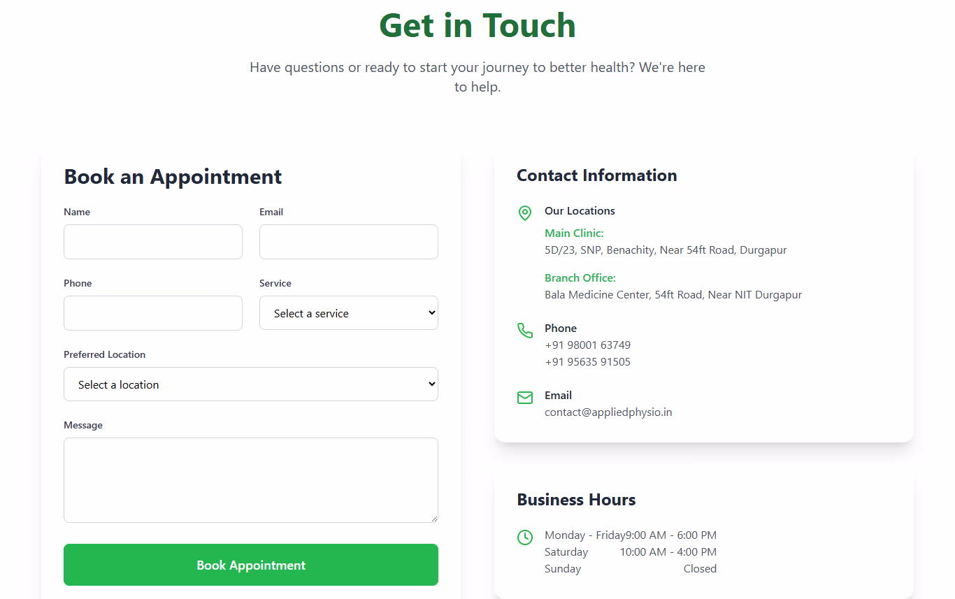 Contact and appointment booking interface